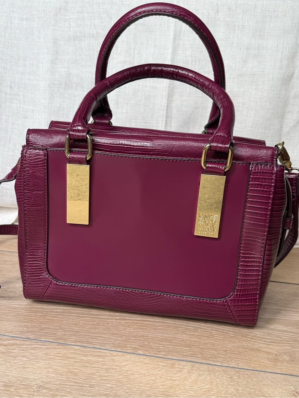Anne Klein Plum Satchel Purse Embossed Top Handle Crossbody NWOT